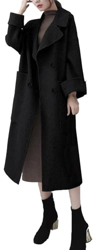 FM2018XSL Cappotto di Lana Donna Invernale Elegante Trench Lungo Doppiopetto Calda Giacca di Lana con Tasche (IT, Testo, L, Regular, Regular, nero)