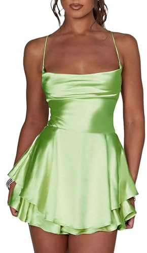Fexofao Women Stain Romper Dress Sexy Spaghetti Strap Cowl Neck Short Playsuits Sleeveless Backless Mini Dress Y2k Jumpsuits (Light Green, S)