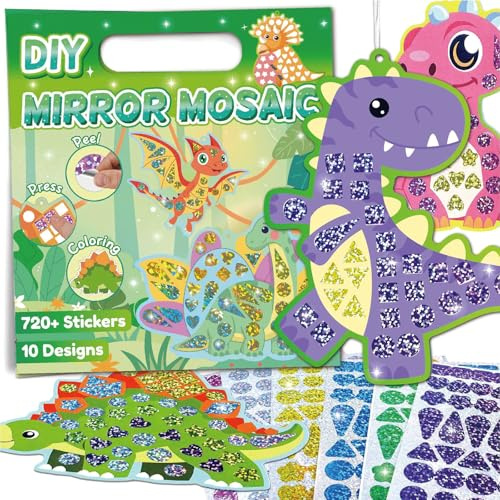 Barlone 10 Stück Dino Mosaik Bastelset Klebebilder für Kinder, DIY Selbstklebend Sticky mit Bunte Laseraufkleber Mosaics Bastelset Mosaik Sticker Glänzend Geschenke für mädchen Kinder ab 3+ Jahre