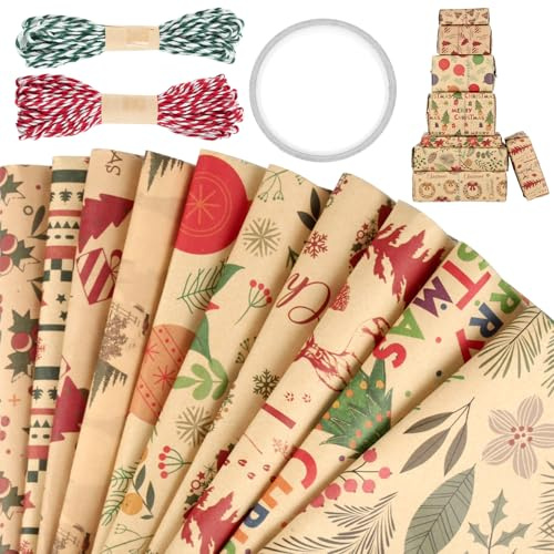 10 Stück Geschenkpapier Weihnachten, 50×70cm Weihnachtsgeschenkpapier, Kraftpapier Weihnachten mit 2 Stück 10m Seil, Weihnachtspapier Für Weihnachtsgeschenken, Geburtstagsgeschenken