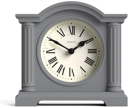 Jones Clocks® Kensington orologio da mensola | Orologio classico con parte superiore ad arco | Grigio | Elegante e contemporaneo | Ideale per scrivania, mensola del camino, libreria o comodino