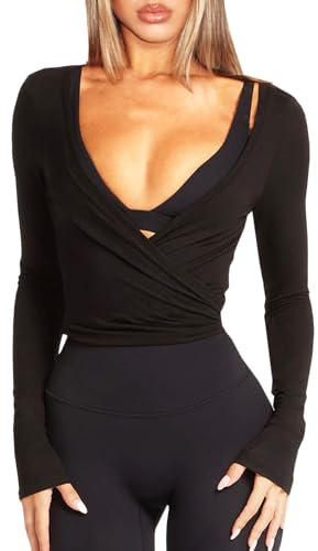 Navneet Damen Wickelshirt Sport Yoga Oberteil Langarm Eng Y2K Pilates Ballet Wrap Tops Bolero Herbst Kleidung
