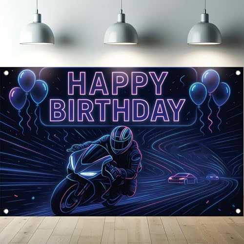 Saoplasa Motorcycle Racing Happy Birthday Backdrop Banner Neon Motorcycle Photography Background Racing Party Decorations Photo Booth Supplies 71x43 Inch