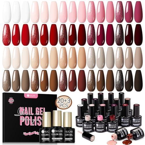 UR SUGAR Vernis Semi Permanent Lot, 23Pcs Vernis à Ongles Rose Nude Rouge Blanc Noir Brun, Vernis Gel U V Semi permanent avec Base et Glossy Matte Top Coat, Manucure Soak Off pour Salon DIY Débutant