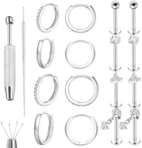 18 PCS Helix Piercing Jewellery Flat Back Earrings Conch Cartilage Tragus Piercing Jewellery Tragus Earrings Conch Earring Flat Back Earings Tragus Hoop Lip/Nose Studs Silver Helix Stud Hoop