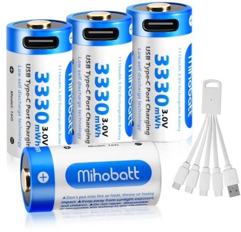 Mihobatt Batterie agli ioni di litio da 3 V, 3330 mWh USB ricaricabili con tipo C, ideali per fotocamere Arlo e torce elettriche (confezione da 4)