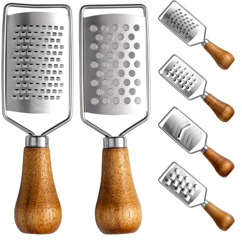 VANZACK Râpe à Fromage 6 Pièces en Acier Inoxydable avec Poignée en Bois Mini Râpe Multifonction pour Fromage Légumes Gingembre Citron Trancheuse et Hachoir Portable Cuisine et Voyage