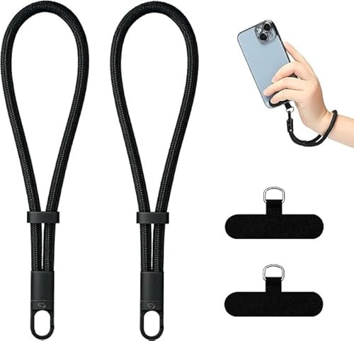 Sariputa 2 Piezas Cuerda Para Movil Corta Con Colgante Universal, Correa De Muñeca 19,5 cm, Lanyard Corto Para Teléfono Con 2 Parches Universales (Negro Y Verde Oscuro / 2 Negro)