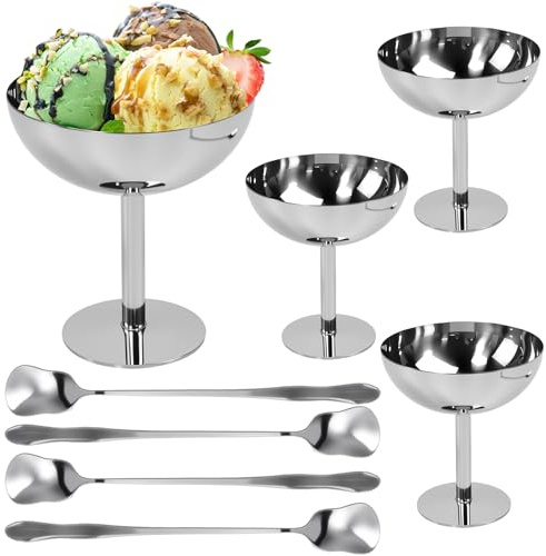 Rkixlix 4 Pack Copa de Helado Acero Inoxidable 304 200ml Vaso Helado Acero Taza para Helado Cuenco Metalico para Postres Bol para Helado con 4 Cucharas para Postres, Aperitivos y Uso Familiar Fiesta