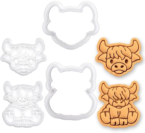 BAKERLOGY Lot de 2 Mini emporte-pièces & tampons Vache Highland – Emporte-pièce fondant vache écossaise mignonne pour thème ferme, baby shower, fête d’anniversaire, décoration de cupcakes