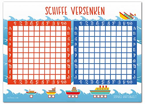 Sophies Kartenwelt Schiffe Versenken Spielblock - 50 Blatt Reisespiel | 50 Blatt Spielblock aus Papier, kompaktes DIN A5 Format, ideales Reisespiel & Mitbringspiel für Jungen und Mädchen.