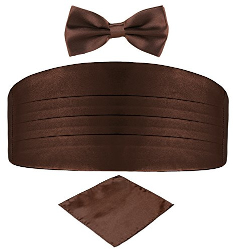 DonDon Set de tres piezas Caballero Faja de esmoquin Pajarita Pañuelo de bolsillo Color a juego Espléndido para ceremonias y ocasiones especiales - Marrón
