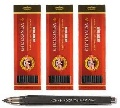 KOH-I-NOOR 3er Zeichenkohleset+Kreidehalter 5,6mm / 120mm hart/mittel/weich Gioconda schwarz