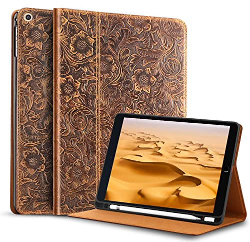 Gexmil Leder Hülle für iPad 10.2 Zoll,9th/8th/7th Gen 2021/2020/2019 | Premium Echtleder Cover/Flip mit Stifthalter,Auto Schlaf/Aufwachen,Schutzhülle Einstellbarer Ständer,Stoßfest,Blume Braun