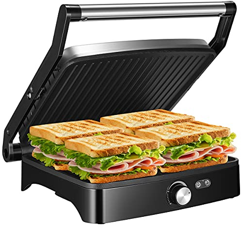 OSTBA Panini Press Grill Indoor Sandwich Maker with Temperature Setting, 4 Slice Large Non-stick Versatile Grill, Opens 180 Degrees to Fit Any Type or Size of Food, Removable Drip Tray, 1200 W