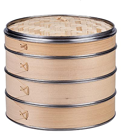 11.8 3 Tier Bamboo Steamer, Bamboo Dumpling Steamer Basket with 304 Stainless Steel Edging for Vegetable Fish Dim Sum