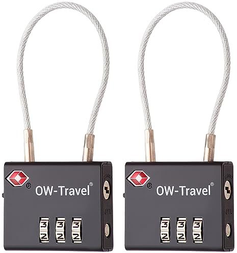 OW-Travel Kabelschloss 3 Stellig Zahlenschloss Kofferschloss Vorhängeschloss Gepäckschloss Sicherheitsschloss TSA Lock Cable USA Schloss Zahlencode für Reisekoffer Spind Rucksack Luggage:2 Schwarz