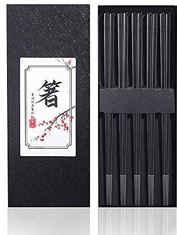 5 Paar Edelstahl-Essstäbchen,Buntes Wiederverwendbare Chinesische Chopsticks Set,Waschbar Für GeschirrspüLer Metall Stäbchen,Geschirr Geschenkset(Schwarz)