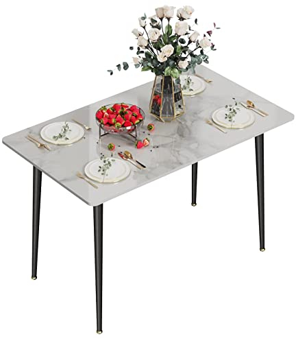 FATIVO Esszimmertisch Marmor Esstisch 120x70cm, Küchentisch klein 4 Personen schmaler Esstisch einfach Wohnzimmer weiß Hochglanz Skandinavisch Tische für Esszimmer Restaurant Metall Tischbeine