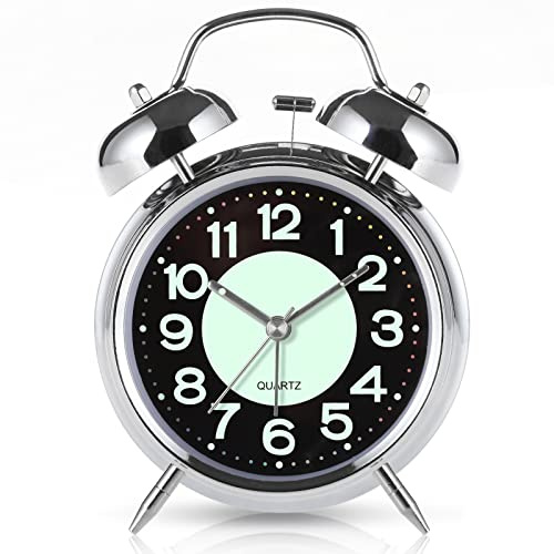 Super Loud Alarm Clock For heavy sleepers,4 inches Twin Bell Alarm Clock with Backlight,Battery Operated,Silent Non Ticking,For Kids,Adults,Bedrooms,Retro decor Desk Analog Clocks.. (Noctilucent)