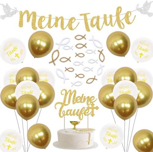 Sursurprise Meine Taufe Dekorationen Gold, Erstkommunion Kommunion Party Dekoration, Glitter Banner Girlande, Holz Fisch Kreuz Ballons für Baby Dusche Party Zubehör Jungen Mädchen