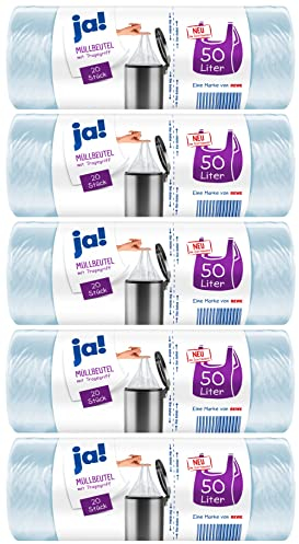 ja! 100 Müllbeutel/Mülltüten mit Tragegriff, 50 Liter, 20 Stück pro Rolle, reißfeste Bodennaht, transparent, 5 Rollen
