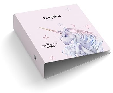 Ringordner mit Wunschtext personalisieren | Ordner für Zeugnis | Einhorn | Mit Griffloch | für DIN A4 | 7,4 cm breit | Zeugnisse | rosa | Schulzeit