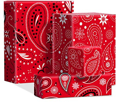 CC HOME 12 Blätt Geschenkpapier Western Gefaltetes Vintage-Cowboy-Geschenkpapier mit rotem Bandana,4 Stile Rot Cashew-Blume Blatt für Geburtstag Urlaub Weihnachten Babyparty Verpackung
