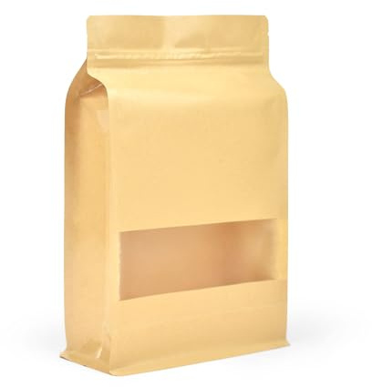 Evergreen Goods 50 sacchetto carta kraft con Finestra a Fondo Piatto (180x280 mm) - riutilizzabili sacchetti carta per alimenti con Chiusura Zip - Sacchetti Kraft per Chicchi di Caffè, Semi e Altro