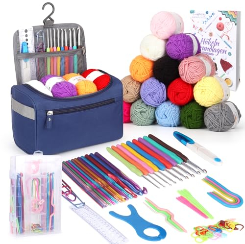 Coopay Tragbar Häkelset für Anfänger, Häkelnadel Set mit 15 Wolle, Tasche, Häkelzubehör, Ergonomische Häkelnadeln mit Weicher Griff und Metall Häkelnadel, 2,0-10 mm Praktische Häkelnadel Set Geschenk