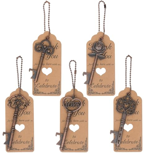 Aokbean 100 Pezzi Chiave Apribottiglie Vintage Portachiavi Matrimonio Bomboniera Anniversario con Biglietto di Ringraziamento e Catenina per Compleanno, Battesimo, Feste, Lauree (rame anticato)