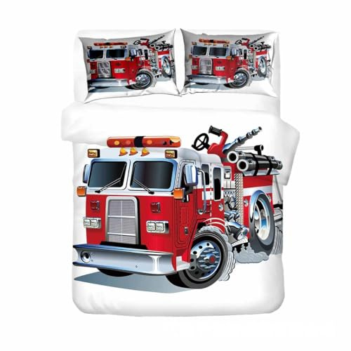 CTQTZ Feuerwehrauto Bettwäsche-Set für Kinder 135x200 Feuerwehrauto Auto Kinder bettwäsche Bettbezug und Kissenbezug 80x80cm Karikatur Rote Feuerwehr Bettbezug mit 1 Kissenbezug