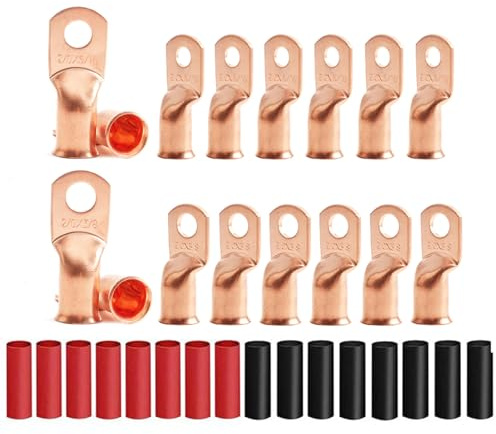 8Pcs 2/0 AWG 3/8 Stud and 8Pcs 2/0 AWG 5/16 Stud Heavy Duty Copper Wire Lugs with 16Pcs Heat Shrink Tubing, Ring Terminals, Battery Cable Ends, Bare Copper Eyelets