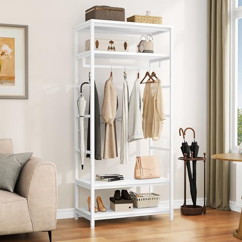 YITAHOME Coat Rack Stand with Shoe Storage, Floorstanding Hall Tree with 2 Shelves Industrial Clothes Rail Garment Rack Clothing Storage Shelving Unit for Entryway Hallway Bedroom Living Room, White | Industrial Floorstanding Garment Rack with 2 Shelves, 80x44.5x180cm Hall Tree for Entryway, Hallway, Bedroom, Living Room