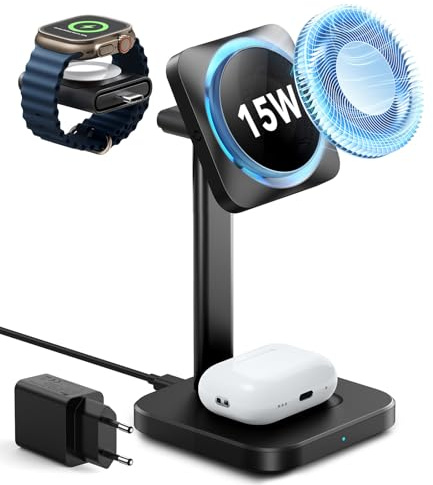 ESR 15W 3 in 1 Ladestation für Apple Watch und iPhone, 15W Magsafe Ladestation mit CryoBoost, Induktive ladestation für iPhone 17/16/15/14, für Apple Watch/AirPods