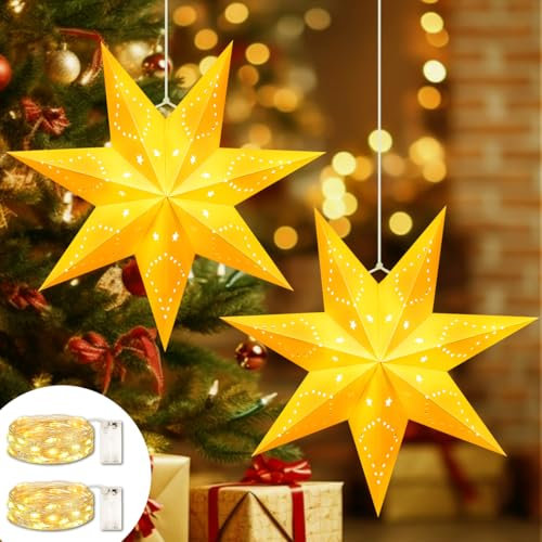 2 STK Papiersterne Weihnachten,45Cm Papierstern Mit Beleuchtung,Papiersterne Weihnachten Beleuchtet,Papierstern Mit Beleuchtung Batterie,Papiersterne Zum Aufhängen Beleuchtet,Led Papierstern,