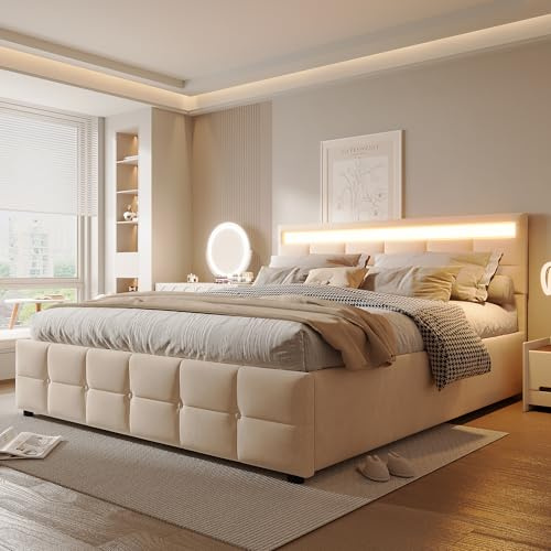 Dolamaní Polsterbett & Doppelbett 180x200 cm, Stauraumbett mit Großer Stauraum, Bett mit Lattenrost und Metall Bettgestell, Schlafzimmer Betten Samt (Beige B)