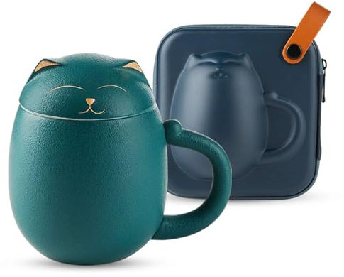 Ceramic Porcelain/Tea Cup with Loose Leaf Infuser, Creative Lucky Cat Tea Infuser Mug with Lid, 350ml, Portable Tea Mug green-400ml/14oz