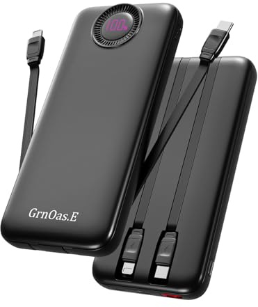 GrnOas.E Power Bank, caricabatterie portatile da 10000 mAh, 22,5 W, cavi integrati, 4 uscite, 2 ingressi, power bank esterno per telefono, 5 V/3 A, ricarica rapida, caricabatterie da viaggio per