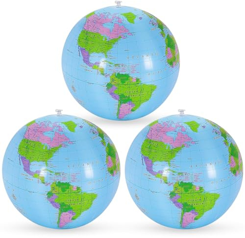 3 stycken, uppblåsbar jordglob, glob, PVC, jordglob, geografi, världskarta, vattenboll, uppblåsbar för strand, skola, utbildning, undervisning, barn, ungdomar, efter uppblåsning, 28–30 cm (blå)