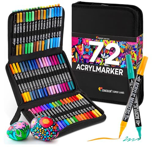 Zenacolor 72 Acrylstifte für Steine Wasserfest - mit Doppelspitze (feine Spitze und Pinsel) zum Zeichnen verschiedene Oberflächen - Acrylic Paint Marker mit einer Tasche