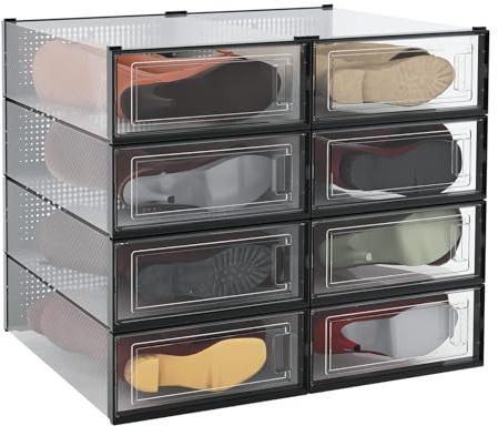 PARANTA 8-Piece Boot and Shoe Storage Box, Stackable Clear Plastic Shoe Box, Space-Saving Shoe Organizer for Boots, Sneakers, and High Heels, Black