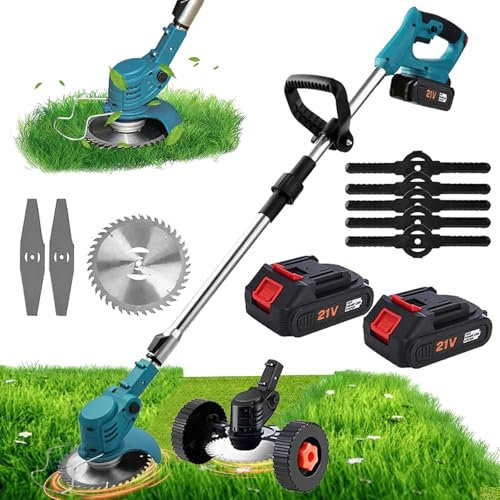 Debroussailleuse Electrique sans Fil 21V, Coupe Bordure sans Fil avec Batterie et Roues, 3 Types De Lames, Pliage Rétractable, Faible Bruit, DéBroussailleuse à Batterie Electrique pour Jardin/Ferme