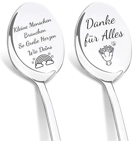 DIKARIYA Abschiedsgeschenk Kindergarten, 2er Kaffeelöffel mit Gravur, Kleine Menschen Brauchen so große Herzen wie Deins Abschied Abschluss Geschenk Kita Abschiedsgeschenk für Erzieherin Tagesmutter