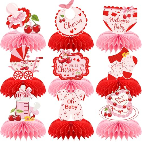 FodeMoraka Cherries Baby Shower Decorations - 9 Pcs Pink and Red Sweet Cherries Bow On Top Honeycomb Table Topper Centerpiece Decor Summer Fruit Themed Gender Reveal Party Supplies for Girls