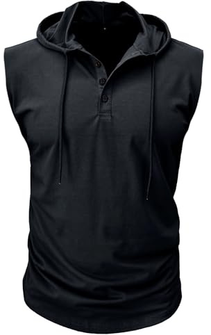 MakingDa Men's Sleeveless Athletic Tank Tops Buttons Pullover Muscle Slim Fit Summer Plain Hoodies Gym Training Sport Casual Training Lightweight Boxing Running Basic Work Vest Black M