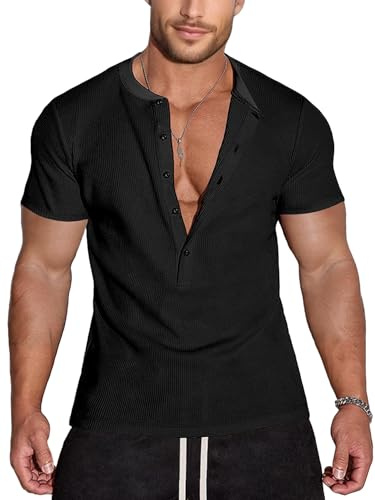 Agilelin Maglietta Henley 5 Bottoni,Elegante Shirt Manica Corta,Camicia Girocollo Moda（Black/XL）