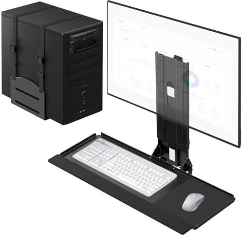 Soporte de pared para monitor y teclado con soporte de CPU para monitores de 32 pulgadas (55 libras máximo), bandeja de teclado (carga de 4.4 libras) y soporte de CPU (capacidad de 22 libras), altura