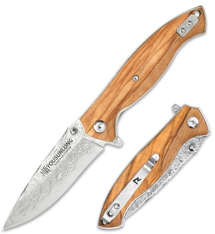 YOUSUNLONG Coltello tascabile pieghevole - Coltello da campeggio con lama in acciaio damasco giapponese - Rivestimento in legno d'ulivo italiano