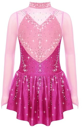 Manyakai Bambina Body Abito Pattinaggio Artistico Danza Ginnastica Body Strass Maniche Lunghe Competizione Spettacolo Rosa Acceso 7-8 Anni